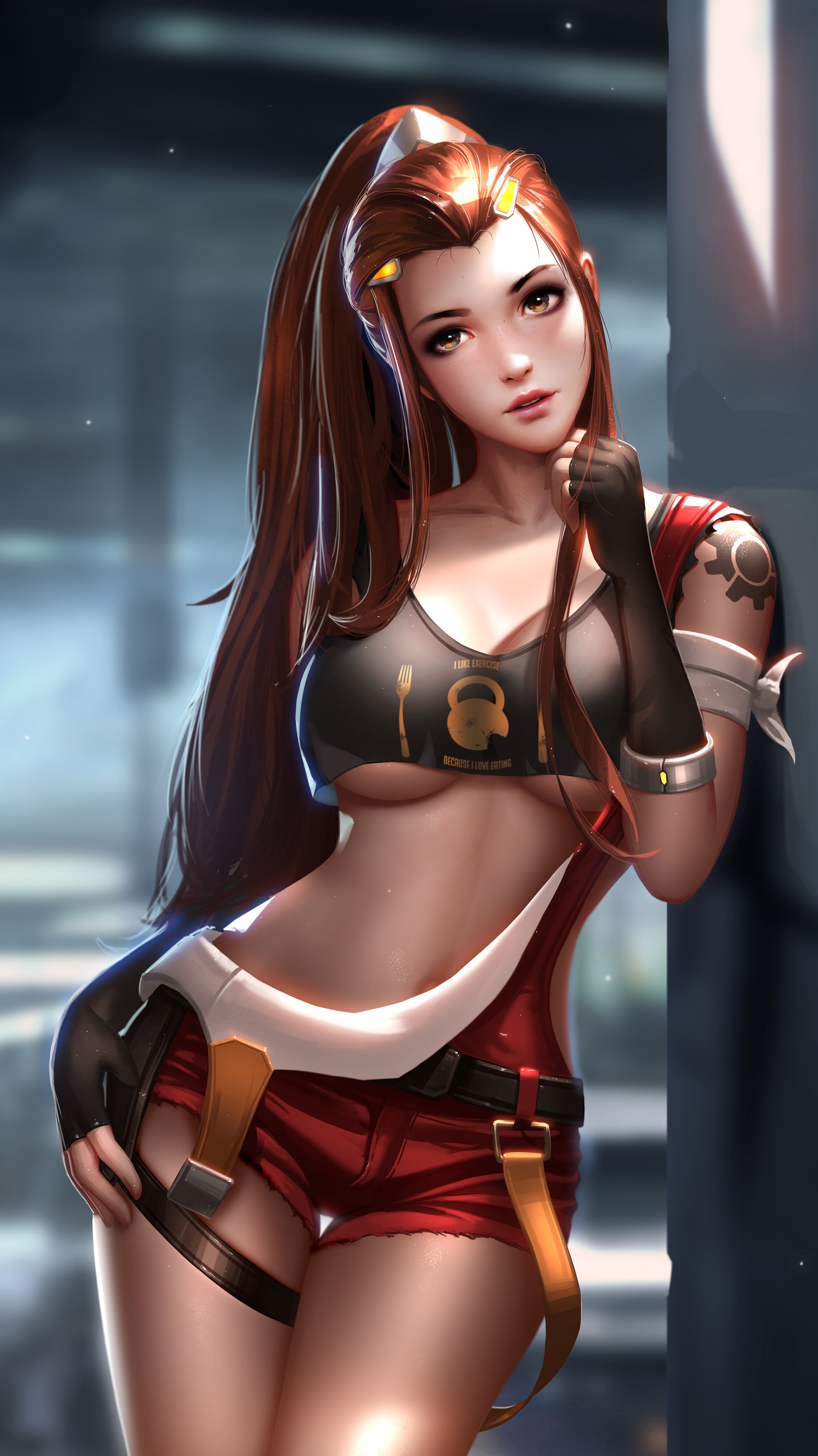 anime woman wearing crop top and red shorts leaning on wall wallpaper free download - by Rocky