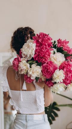 Pink flowers in white dress girl HD Iphone Android Wallpaper